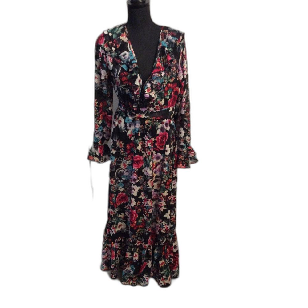 Women's SPY ZONE EXCHANGE Belted Floral Semi-Sheer Long Sleeve Maxi Dress  L